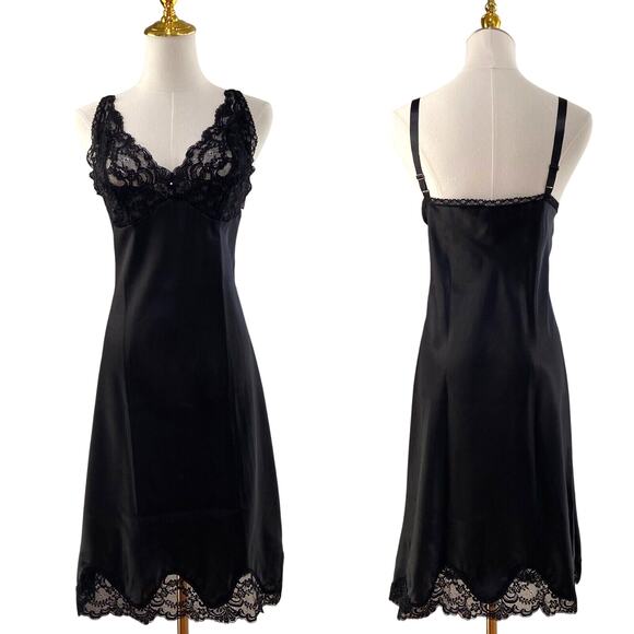 NWT Vintage 90s Wondermaid Black Satin Lace Bust Sexy Full Slip Dress Size 38 - Picture 1 of 12
